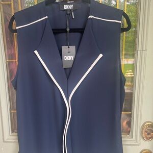DKNY Blue Sleeveless Notched Collar Blouse